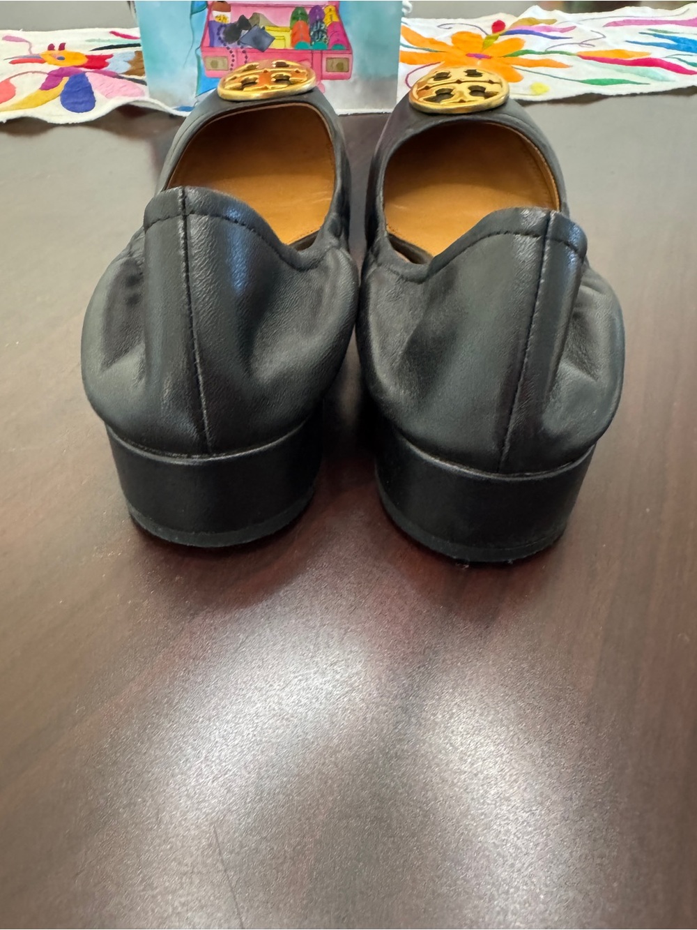 Tory Burch Black Leather Ballet Flats with Gold Logo Emblem - Picture 5 of 8